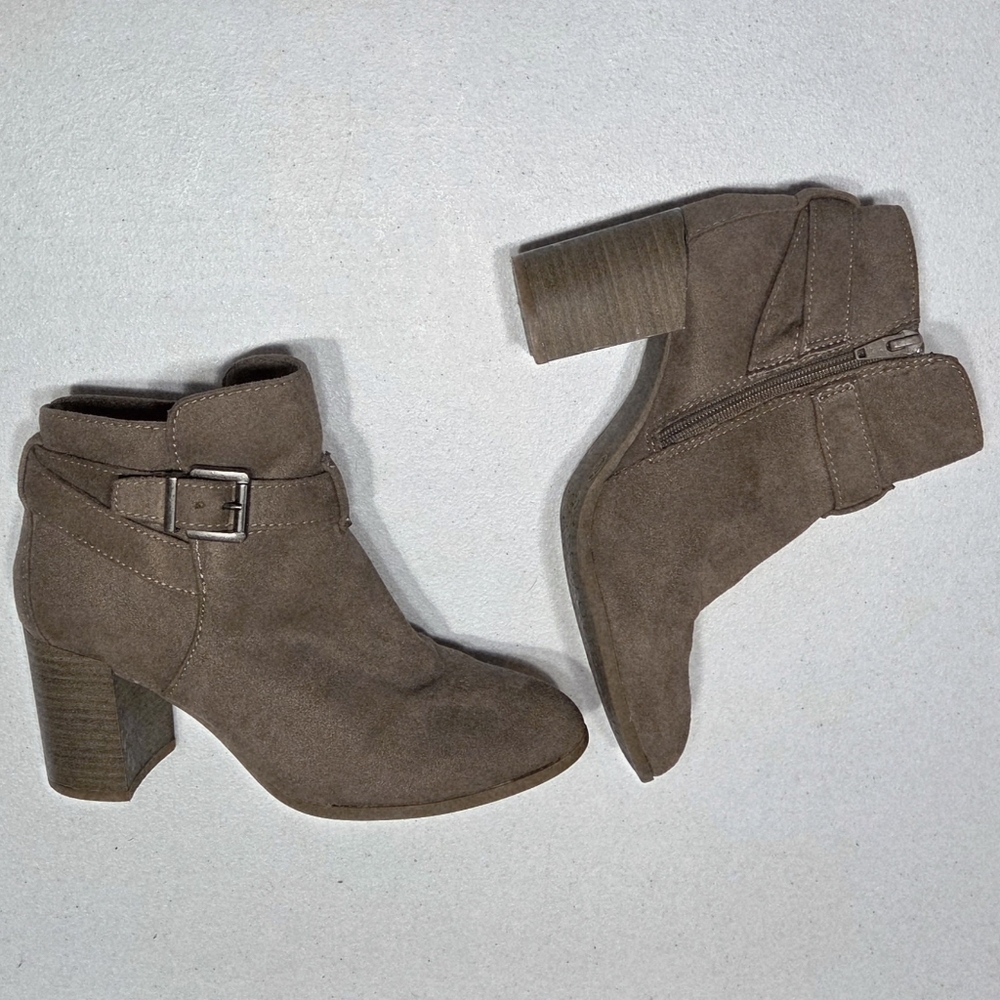 Taupe Faux Suede Buckle Ankle Boots Size 7.5